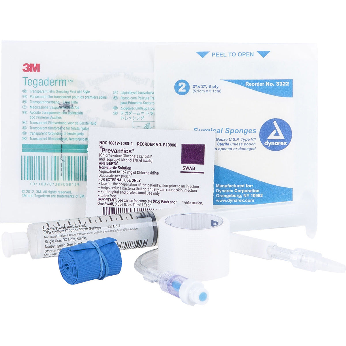 Curaplex IV Start Kit with Tegaderm, Extension Set, Flush Syringe, Tourniquet, and Prevantics Swab